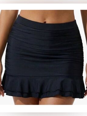 HIGH-RISE SKIRTED BLACK RUCHED SWIM BOTTOMS W/ RUFFLES *TANKINI SKIRT *SIZE 14